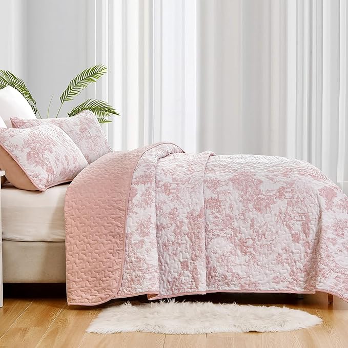 WONGS BEDDING Quilt Set Queen Size, 3 Pieces Pink Floral Plants Printed - Image 4