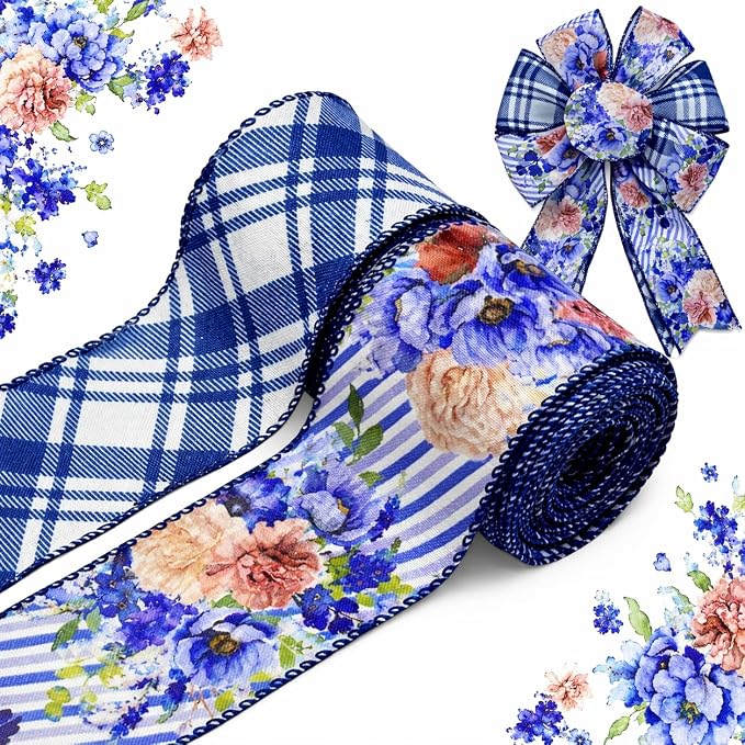Blue Floral Wired Ribbon 2 Rolls, 2.5 Inch x 20 Yards Vintage Blue and White by YIPRONS