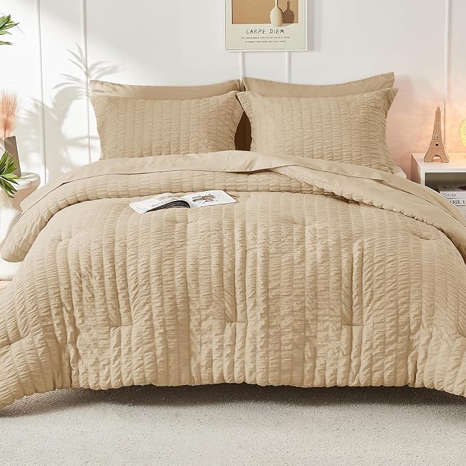 HYMOKEGE Khaki Twin Comforter Set Seersucker 5 Pieces, All Season Luxury Bed in - Image 9