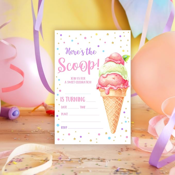 Ice Cream Birthday Invitations, 25 Double-Sided Invitation Cards - Image 6