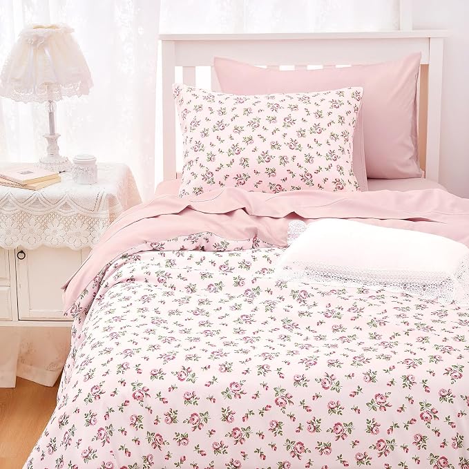 Wake In Cloud - Coquette Duvet Cover Set, Floral Cottagecore Flower Shabby Chic by WakeInCloud