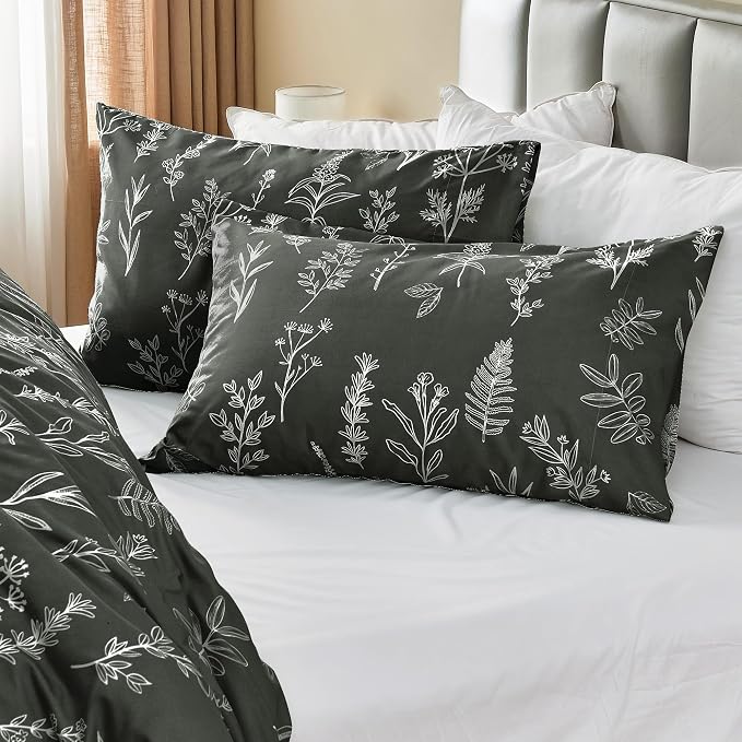 MUXHOMO Duvet Cover Full Size, Reversible Floral Dark Grey Duvet Cover Set - Image 3