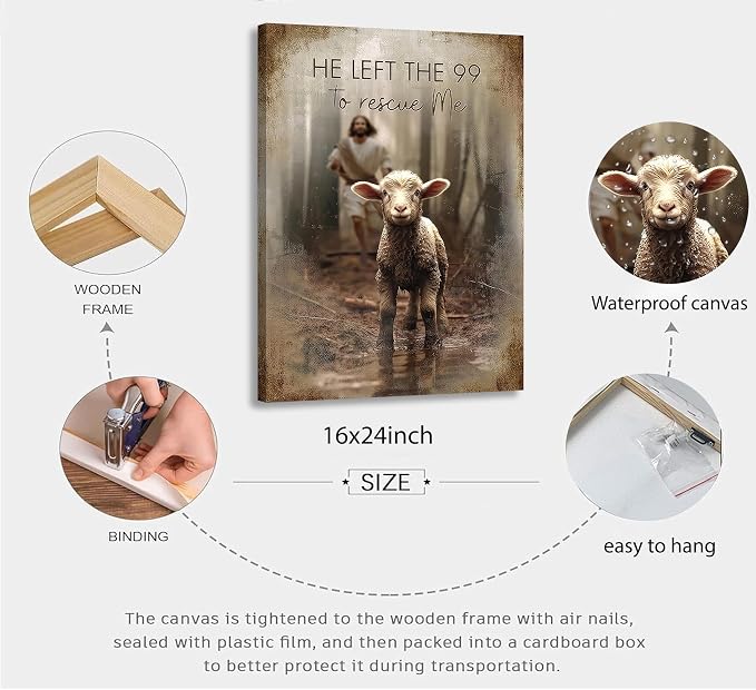 Framed Jesus Saves the Lost Lambs Canvas Wall Art Jesus Leaves 99 Sheep Picture - Image 3