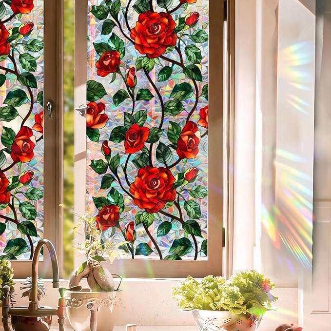 Stained Glass Window Film, Rose Floral Privacy UV Resistant, Removable Static by Aomkmi