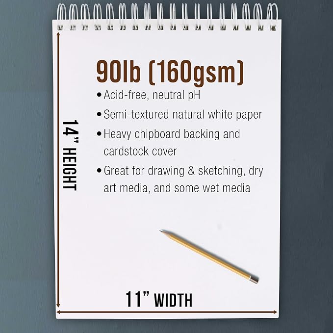 U.S. Art Supply 11”x14 Premium Heavy-Weight Paper Spiral Bound Sketch Book: 90 - Image 3