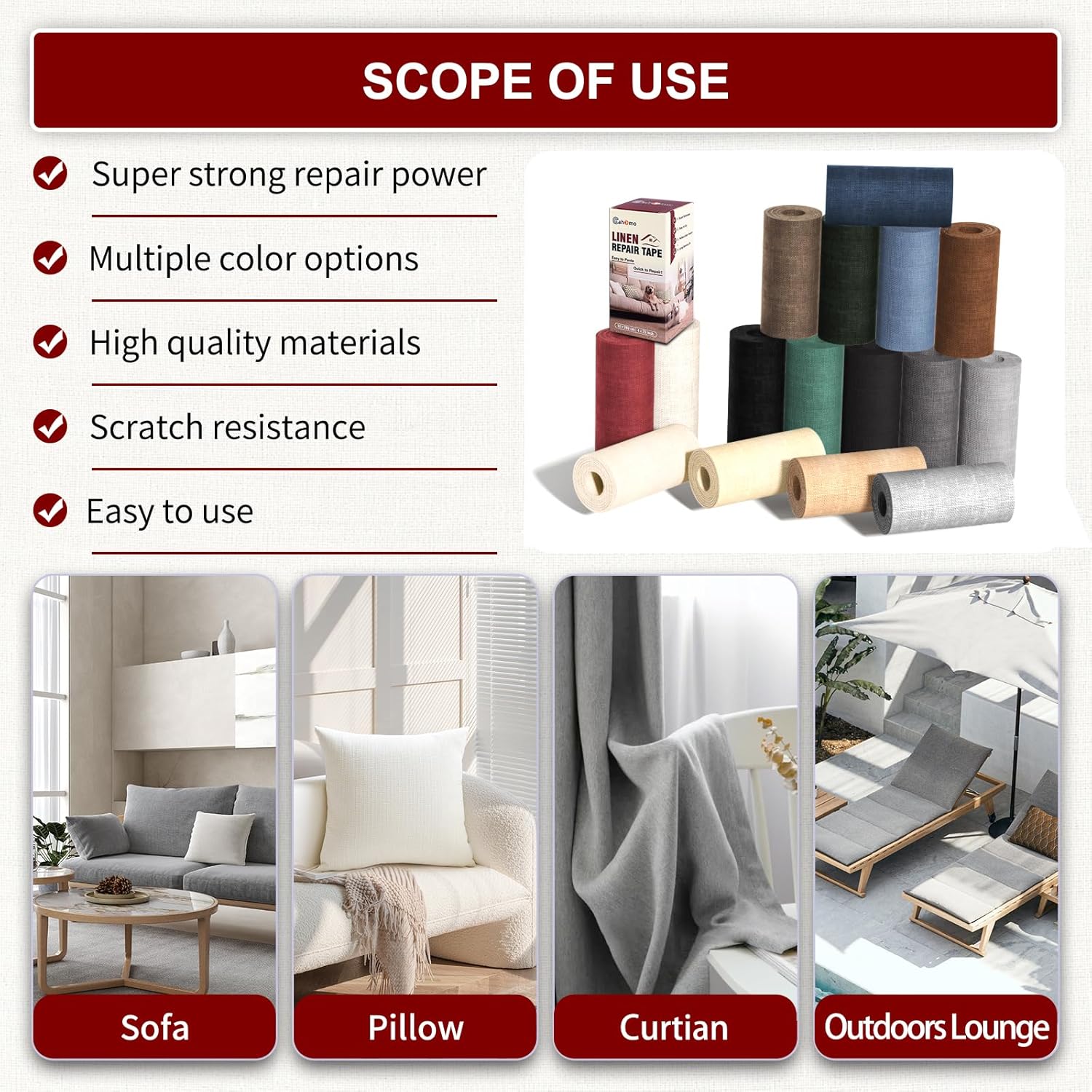 Linen Repair Tape 16x90 inch, Self Adhesive Fabric Patches, Linen Patch Tape Kit, Fabric Repair Tape for Couch Sofas, Headboards, Chairs, Pillows, Curtains, Couches - Dark Grey