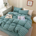 mixinni Green Gingham Grid Duvet Cover Full, 100% Washed Cotton Modern by mixinni