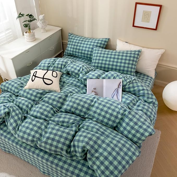 mixinni Green Gingham Grid Duvet Cover Queen, 100% Washed Cotton Modern by mixinni