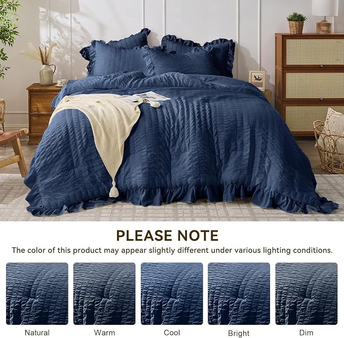 JOLLYVOGUE Navy Blue King Comforter Set, 3 Pieces Seersucker Comforters King - Image 9