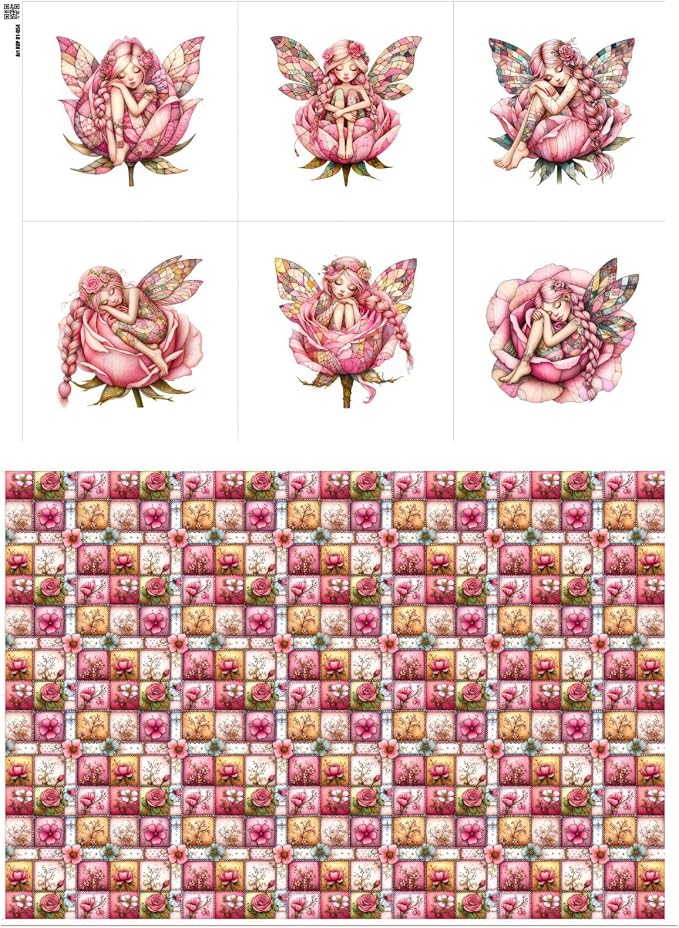 ‍ Pink Fairy Patchwork Cotton Fabric Panel – 6 Designs + Bonus Patchwork Sheet by FabricsTown