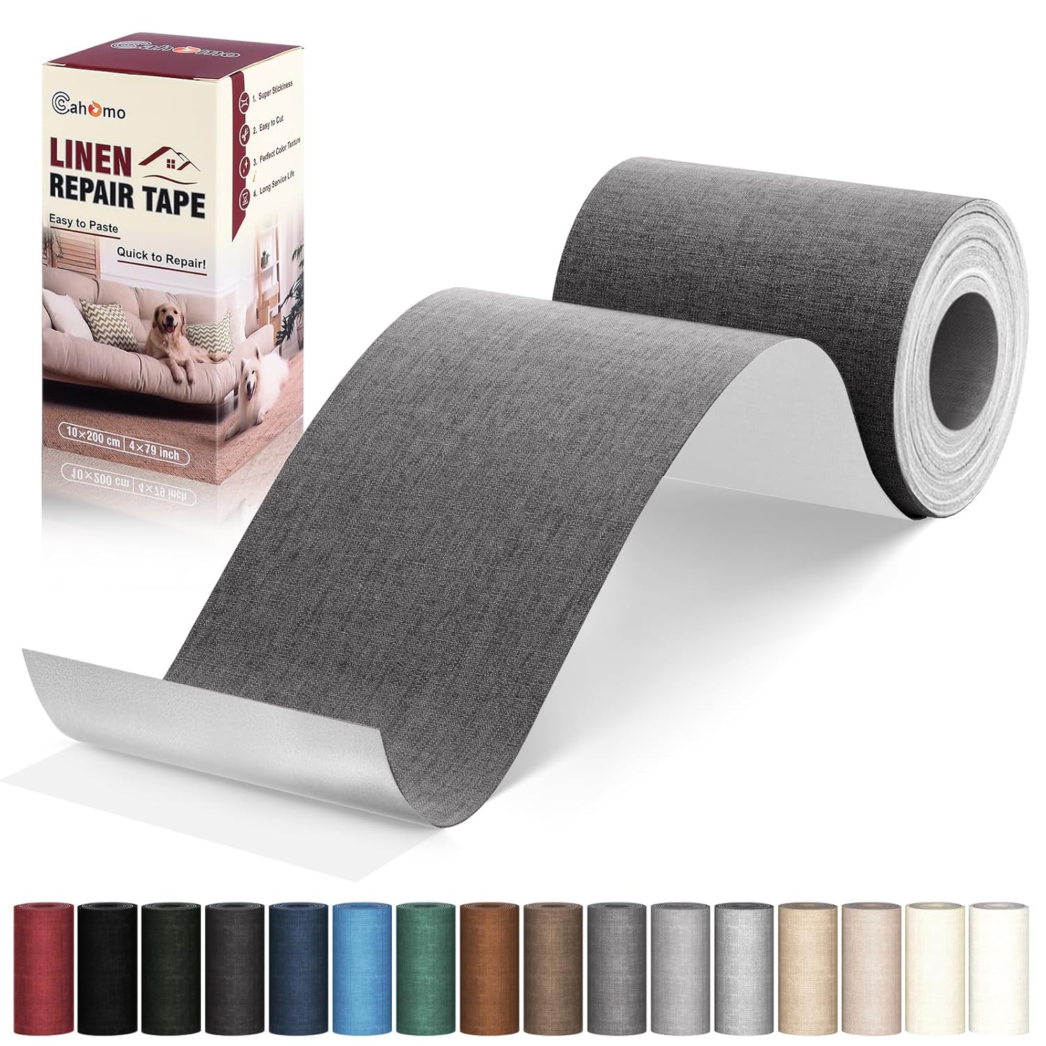 Linen Repair Tape 4x79 inch, Self Adhesive Fabric Patches, Linen Patch Tape Kit, Fabric Repair Tape for Couch Sofas, Headboards, Chairs, Pillows, Curtains, Couches- Dark Grey