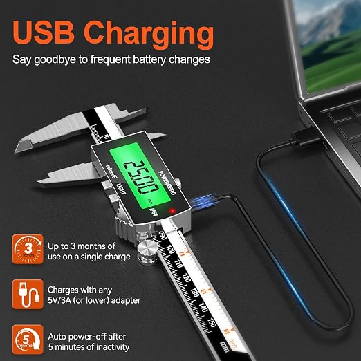 Preciva Backlight Digital Caliper, 6inch IP54 Waterproof Rechargeable - Image 2