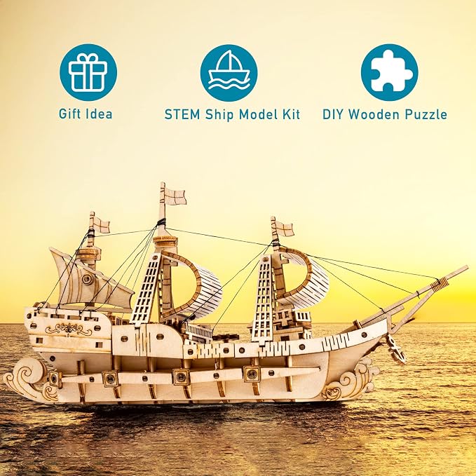 RoWood 3D Wooden Puzzle for Adults, Vintage Wooden Watercraft Model Sailboat - Image 3