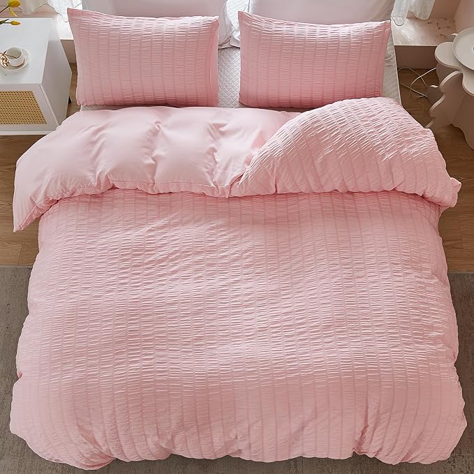 AveLom Blush Pink Seersucker Duvet Cover Set Full Size, 3 Pieces, Ultra Soft - Image 7