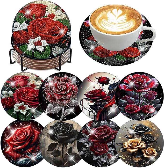8 Pack Diamond Art Coasters, Rose Flowers Diamond Painting Coasters Kits | by Zythron