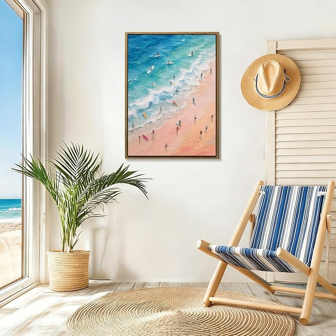 Framed Pastel Coastal Surfers Canvas Wall Art Aerial View of Vibrant Beach - Image 3