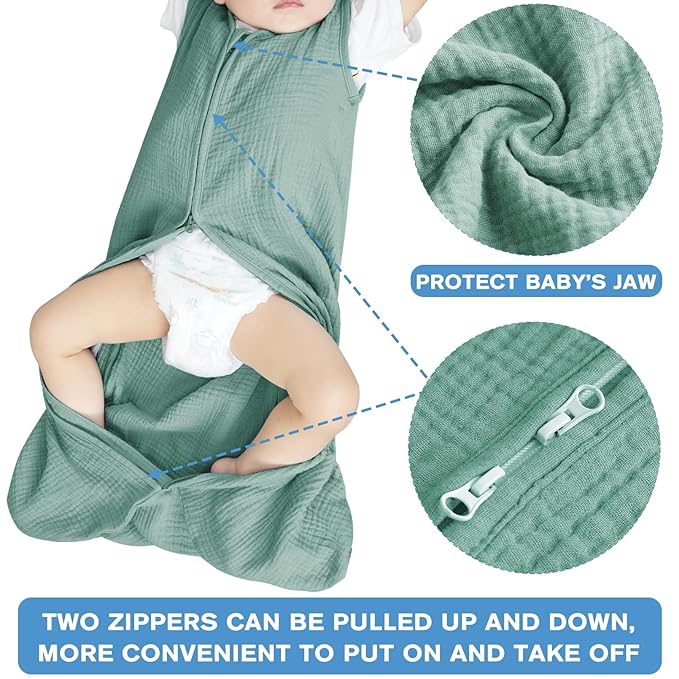 2 Pack Baby Sleep Sack 18-24 Months 100% Organic Cotton Muslin Baby Sleeping Bag 2-Way Zipper Toddler Wearable Blankets Comfy Stretchy Thin Sleep Sacks
