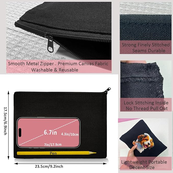 Koolmox 20 Pieces Bulk 9x7 Large Black Canvas Makeup Bags, DIY Canvas Pouch - Image 2