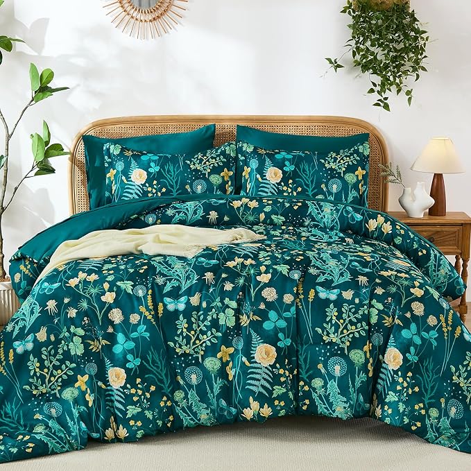 Yiran Queen Comforter Set 7 Piece, Teal Green Floral Bedding Set, Bed in a Bag - Image 7