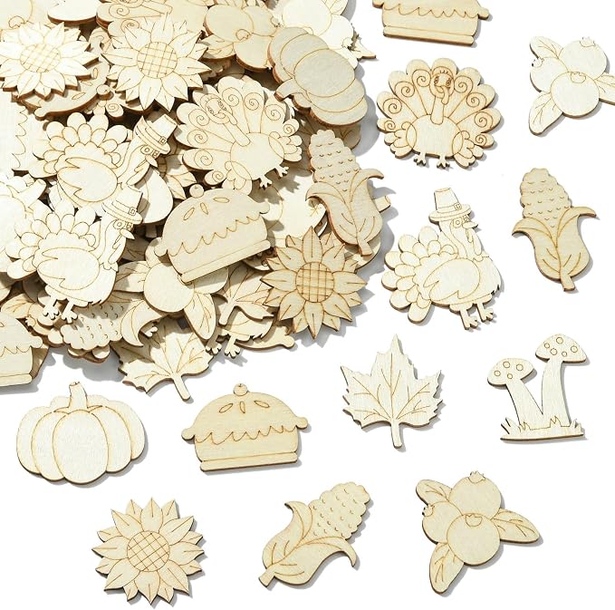 100 pcs Mixed Styles Thanksgiving Theme Unfinished Wooden Cutout Charms Pumpkin by Gythara
