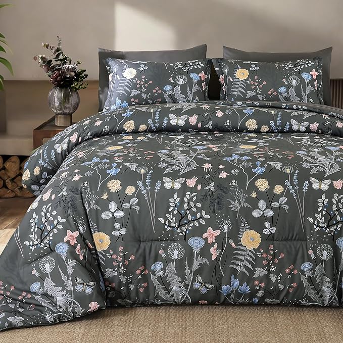 Yiran 7 Piece Grey Floral Comforter Set Queen Size, Botanical Flowers Bed in a by Yiran