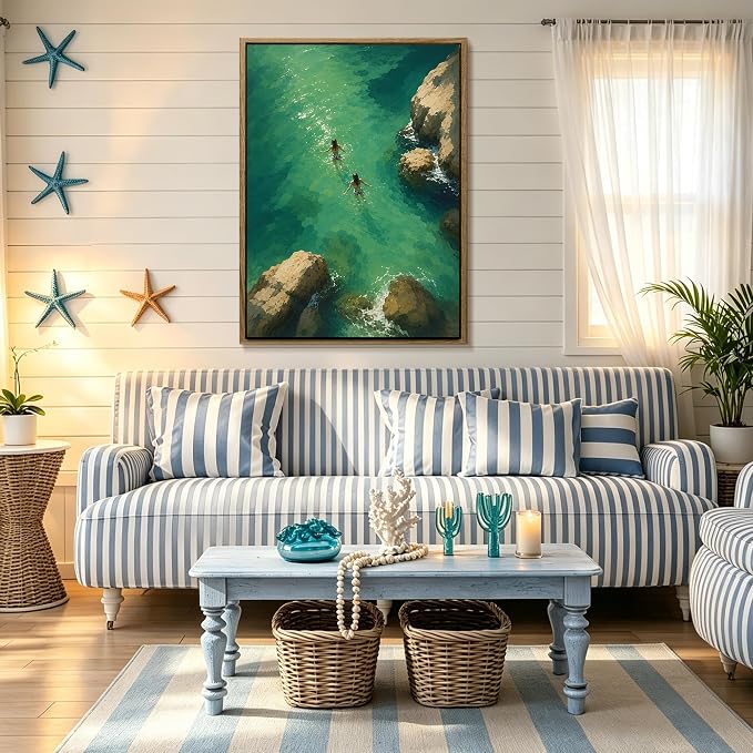 Framed Green Coastal Swim Canvas Wall Art Aerial View of Two Girls Swimming in - Image 5