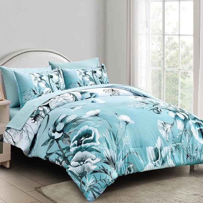 Luxudecor Floral Comforter Set Full Size 7 Piece, Aqua Flower Bed in a Bag - Image 2