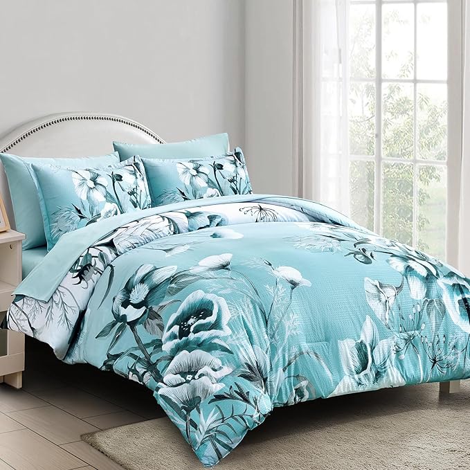 Luxudecor Floral Comforter Set Queen Size 7 Piece, Aqua Flower Bed in a Bag - Image 2