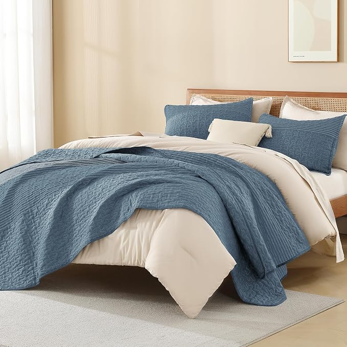 Litanika Oversized King Quilt Set Blue Linen, 120x120 Stripe Bedspread Coverlet - Image 4