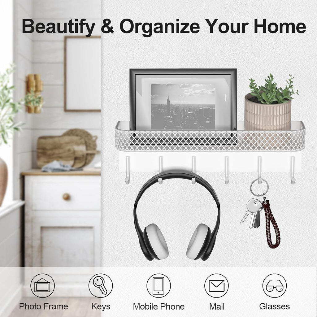 Key Holder for Wall – Decorative Stainless Steel Key Hanger with 6 Hooks for Hats, Bags, Leashes – Mail Holder Key Rack with Mounting Hardware and Guide (9.65” x 2.8” x 2.2”) (White)