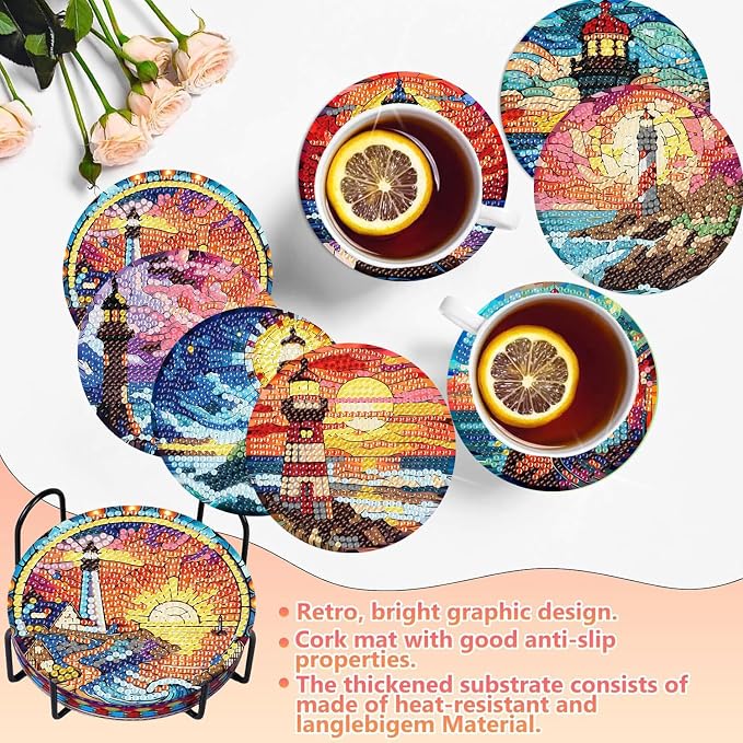 8 PCS Diamond Art Coasters Kits Lighthouse Diamond Painting Coaster | Diamond - Image 4