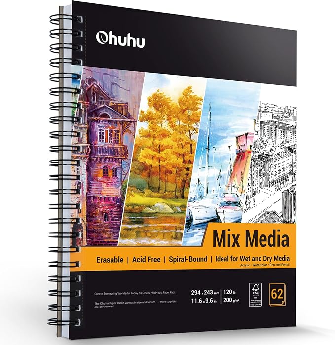 Ohuhu Mix Media Pad, 8.8" x 11.6" Mixed Media Art Sketchbook, 120 LB/200 GSM by Ohuhu