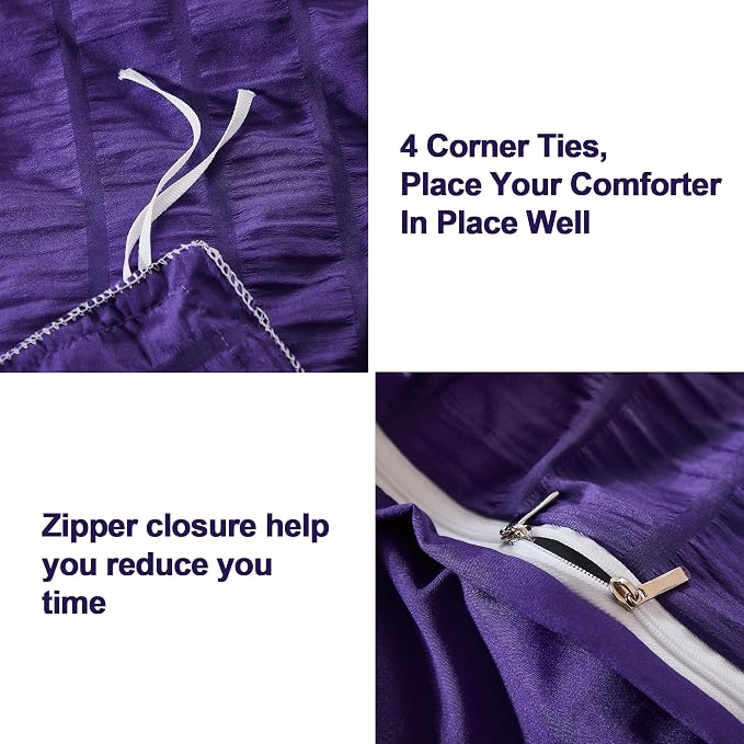 AveLom Dark Purple Duvet Cover King, 3 Pieces, Seersucker Striped Soft Washed - Image 4