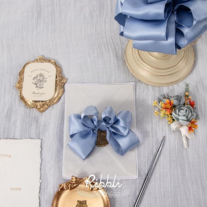 Ribbli Dusty Blue Double Faced Satin Wired Ribbon 1.5 Inch Blue Christmas Ribbon - Image 3