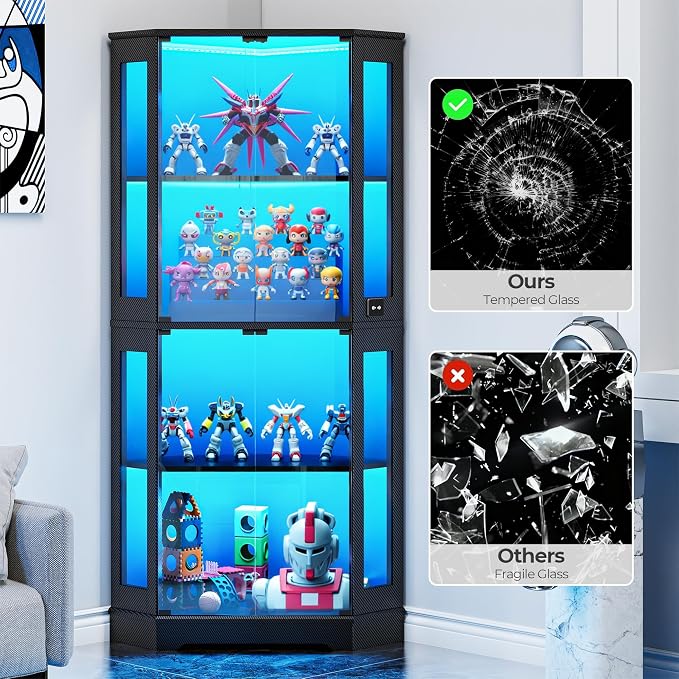 IRONCK 71" Carbon Fiber Corner Glass Display Cabinet, RGB LED Lights - Image 6