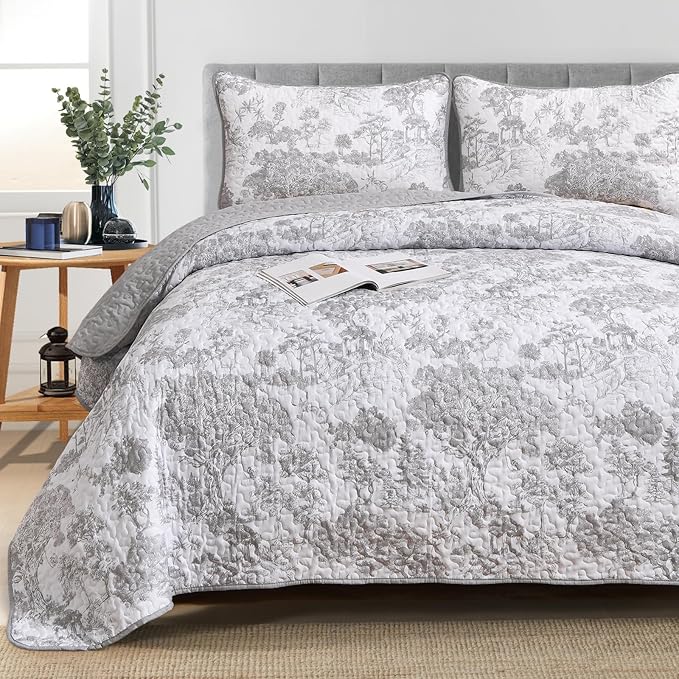 WONGS BEDDING Grey Quilt Set Full Size, 3 Pieces Botanical Bedspreads Set - Image 7
