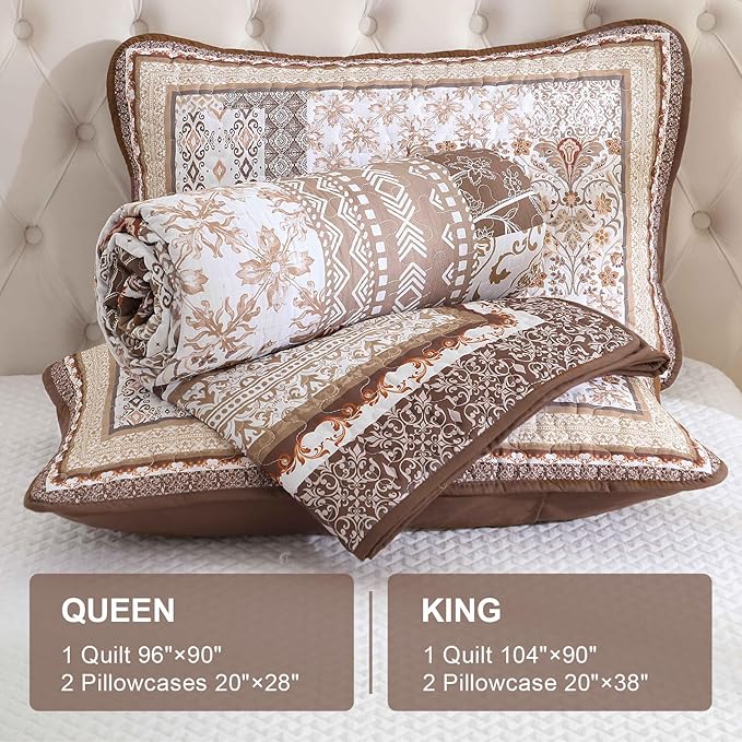 WONGS BEDDING Brown Quilt Set Queen Size, Bobo Floral Bedspread Coverlet Set - Image 6