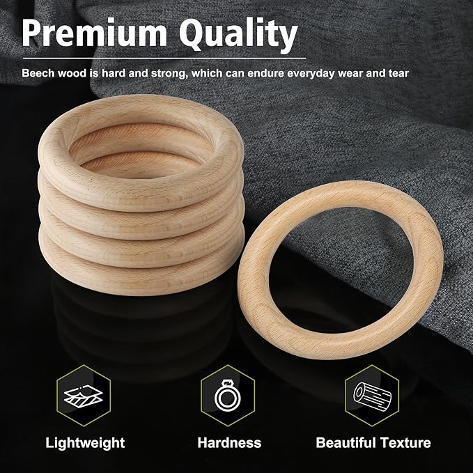 FoDau770 10pcs Natural Beech Wooden Rings, Unfinished Solid Wood Rings Heavy - Image 3