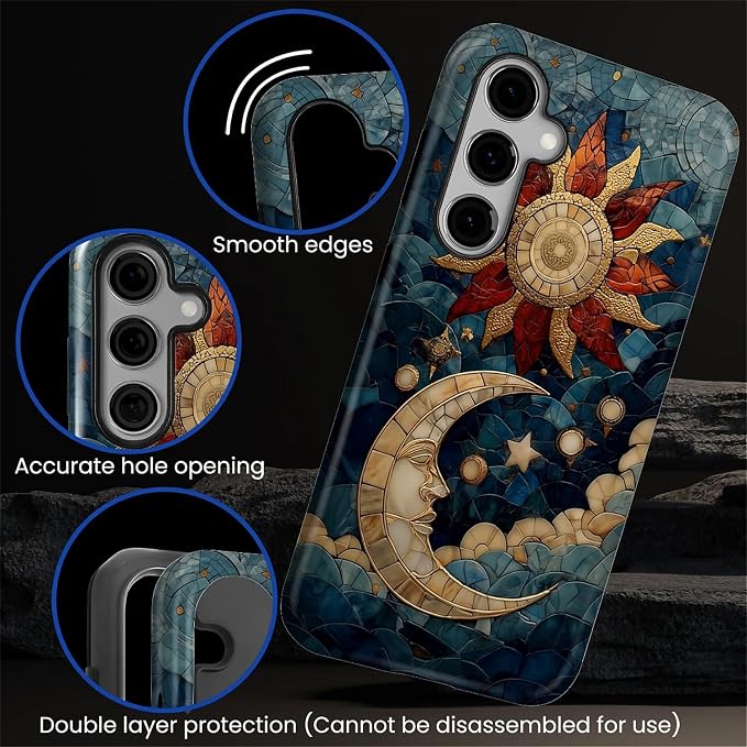 Case for Samsung Galaxy S25 FE, Sun Moon Stars Faux Stained Glass Design Hybrid - Image 6