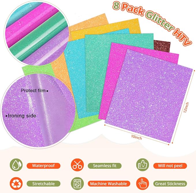 WRAPXPERT Neon Glitter HTV Heat Transfer Vinyl Bundle, 8 Packs Glitter Iron on - Image 3