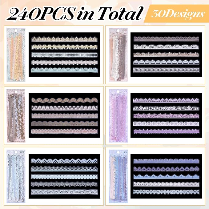 240PCS/6 Packs Lace Transparent Stickers, Vintage PET Lace Scrapbooking - Image 3