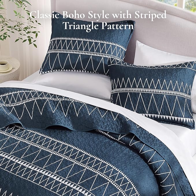 Andency Navy Oversized King Quilt Set, 3 Pieces Boho Lightweight Soft Striped - Image 4