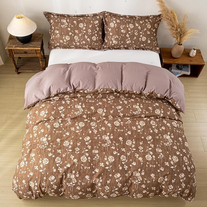 OAITE Brown Flower Twin Size Duvet Cover-3 Pieces Prewashed Cotton-Like - Image 6