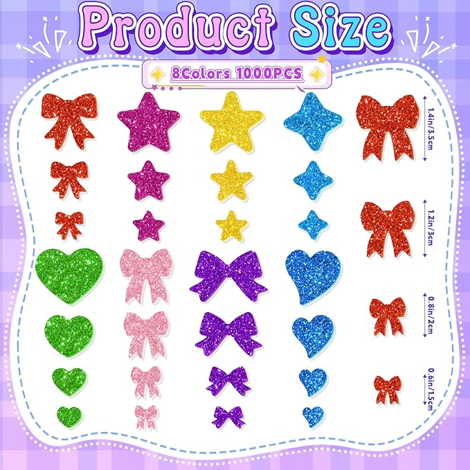 1000PCS Glitter Foam Stickers, Colorful Heart & Bow Stickers, Self-Adhesive - Image 2