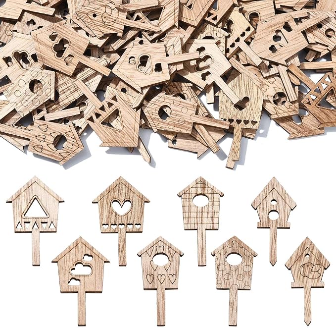 100 pcs Mixed Styles House Theme Unfinished Wood Cutout Charms Lovely Home Wood by Gythara