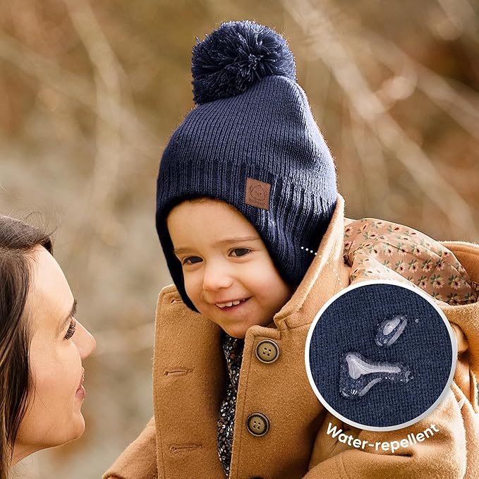 Baby Beanies, Baby Hats for Boys, Girls - Cute Toddler Winter Hat, Soft & Stretchy Beanies for Infant, Newborn 6-36 Months, Cozy & Warm with Earflap Muff & Pom (Navy)