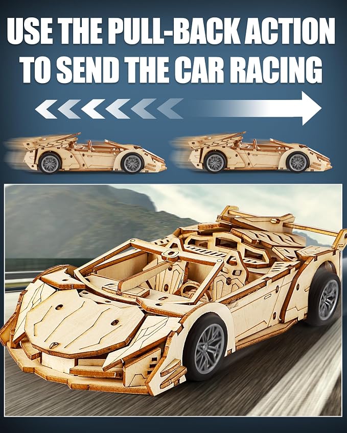 3D Wooden Puzzles for Adults Roadster, Mechanical Wood Sport Car Model Kits for - Image 4