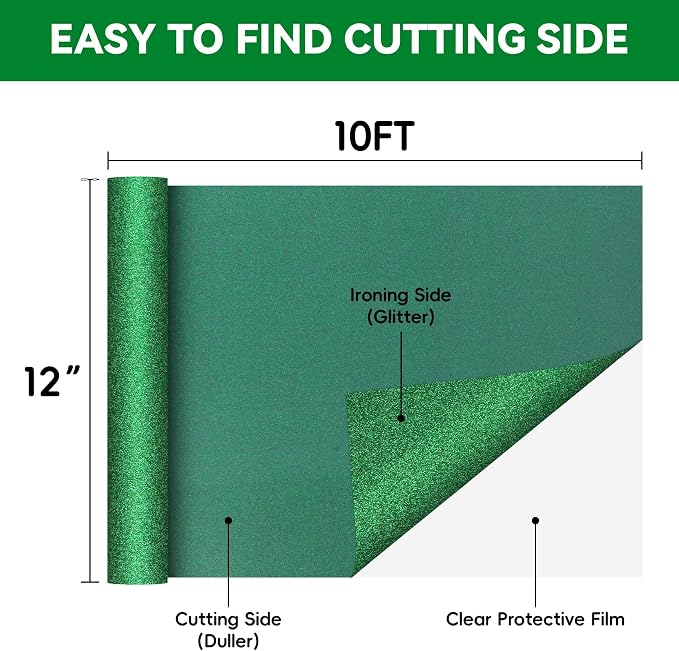 Aoder Green Glitter HTV Heat Transfer Vinyl: 12" x 10FT Green Glitter HTV Iron - Image 2
