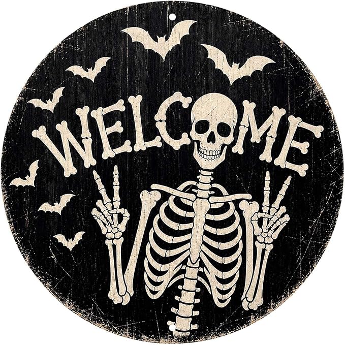 Funny Skeleton Welcome Halloween Metal Tin Sign Round Wall Decor Peace Sign Bat by Unknown