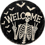 Funny Skeleton Welcome Halloween Metal Tin Sign Round Wall Decor Peace Sign Bat by Unknown